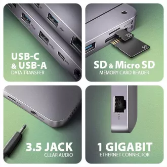 AXAGON HMC-12GM2, hub USB 10Gbps, 3x USB-A, USB-C, HDMI, DP, RJ-45 GLAN, M.2, SD/mSD, audio, PD 100W, cablu USB-C 50cm
