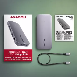 AXAGON HMC-12GM2, hub USB 10Gbps, 3x USB-A, USB-C, HDMI, DP, RJ-45 GLAN, M.2, SD/mSD, audio, PD 100W, cablu USB-C 50cm