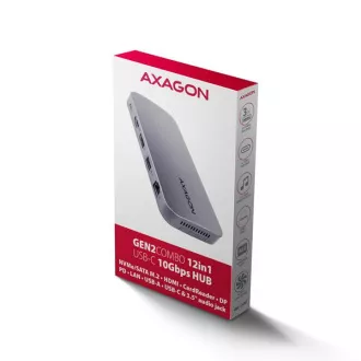 AXAGON HMC-12GM2, hub USB 10Gbps, 3x USB-A, USB-C, HDMI, DP, RJ-45 GLAN, M.2, SD/mSD, audio, PD 100W, cablu USB-C 50cm