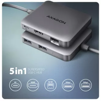 Hub AXAGON HMC-5HL USB 5Gbps, 2x USB-A, HDMI 4k/60Hz, RJ-45 GLAN, PD 100W, cablu USB-C 20cm