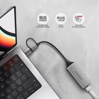 AXAGON ADE-TXCA, USB-C + USB-A 3.2 Gen 1 - Placă de rețea Gigabit Ethernet, Asix AX88179, instalare automată