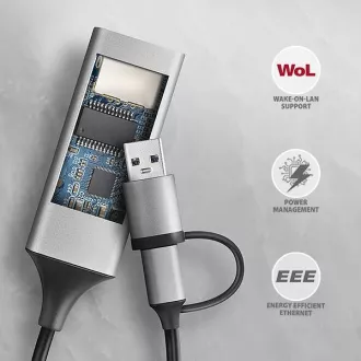 AXAGON ADE-TXCA, USB-C + USB-A 3.2 Gen 1 - Placă de rețea Gigabit Ethernet, Asix AX88179, instalare automată