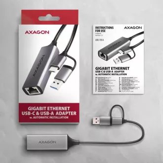 AXAGON ADE-TXCA, USB-C + USB-A 3.2 Gen 1 - Placă de rețea Gigabit Ethernet, Asix AX88179, instalare automată