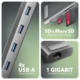 AXAGON HMC-10HLS, hub USB 5Gbps, 4x USB-A, HDMI 4k/60Hz, RJ-45 GLAN, SD/mSD, PD 100W, cablu USB-C 25cm