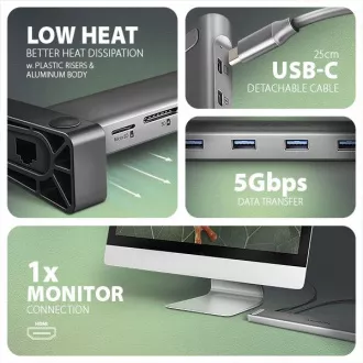 AXAGON HMC-10HLS, hub USB 5Gbps, 4x USB-A, HDMI 4k/60Hz, RJ-45 GLAN, SD/mSD, PD 100W, cablu USB-C 25cm