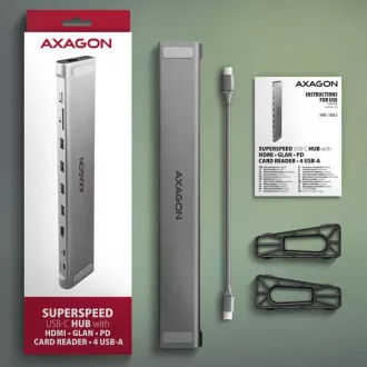 AXAGON HMC-10HLS, hub USB 5Gbps, 4x USB-A, HDMI 4k/60Hz, RJ-45 GLAN, SD/mSD, PD 100W, cablu USB-C 25cm