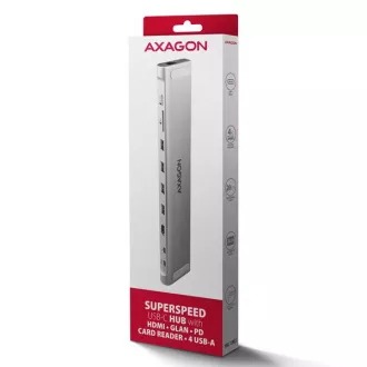 AXAGON HMC-10HLS, hub USB 5Gbps, 4x USB-A, HDMI 4k/60Hz, RJ-45 GLAN, SD/mSD, PD 100W, cablu USB-C 25cm