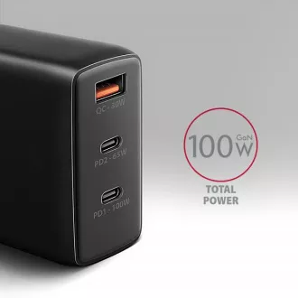 AXAGON ACU-DPQ100, încărcător de rețea GaN 100W, 3x porturi (USB-A + dual USB-C), PD3.0/PPS/QC4+/Apple, negru