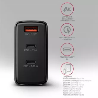 AXAGON ACU-DPQ100, încărcător de rețea GaN 100W, 3x porturi (USB-A + dual USB-C), PD3.0/PPS/QC4+/Apple, negru