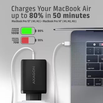 AXAGON ACU-DPQ100, încărcător de rețea GaN 100W, 3x porturi (USB-A + dual USB-C), PD3.0/PPS/QC4+/Apple, negru