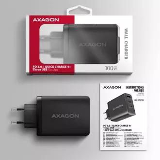 AXAGON ACU-DPQ100, încărcător de rețea GaN 100W, 3x porturi (USB-A + dual USB-C), PD3.0/PPS/QC4+/Apple, negru