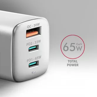 AXAGON ACU-DPQ65W, încărcător de rețea GaN 65W, 3x porturi (USB-A + dual USB-C), PD3.0/QC4+/PPS/Apple, alb