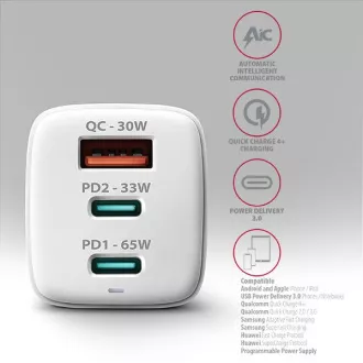 AXAGON ACU-DPQ65W, încărcător de rețea GaN 65W, 3x porturi (USB-A + dual USB-C), PD3.0/QC4+/PPS/Apple, alb