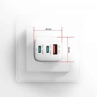 AXAGON ACU-DPQ65W, încărcător de rețea GaN 65W, 3x porturi (USB-A + dual USB-C), PD3.0/QC4+/PPS/Apple, alb