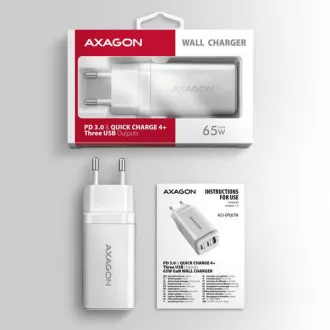 AXAGON ACU-DPQ65W, încărcător de rețea GaN 65W, 3x porturi (USB-A + dual USB-C), PD3.0/QC4+/PPS/Apple, alb
