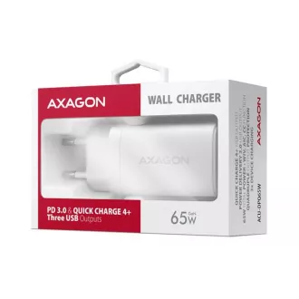 AXAGON ACU-DPQ65W, încărcător de rețea GaN 65W, 3x porturi (USB-A + dual USB-C), PD3.0/QC4+/PPS/Apple, alb