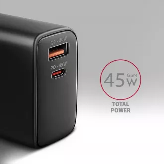 Incarcator de retea AXAGON ACU-PQ45 GaN 45W, 2x porturi (USB-A + USB-C), PD3.0/PPS/QC4+/SFC 2.0/AFC/Apple