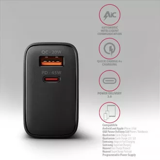 Incarcator de retea AXAGON ACU-PQ45 GaN 45W, 2x porturi (USB-A + USB-C), PD3.0/PPS/QC4+/SFC 2.0/AFC/Apple