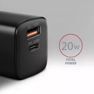 AXAGON ACU-PQ20, încărcător de rețea 20W, 2x porturi (USB-A + USB-C), PD3.0/PPS/QC4+/AFC/Apple, negru