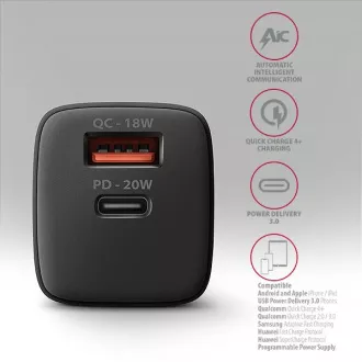 AXAGON ACU-PQ20, încărcător de rețea 20W, 2x porturi (USB-A + USB-C), PD3.0/PPS/QC4+/AFC/Apple, negru
