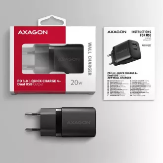 AXAGON ACU-PQ20, încărcător de rețea 20W, 2x porturi (USB-A + USB-C), PD3.0/PPS/QC4+/AFC/Apple, negru