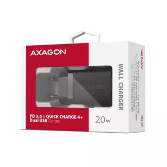 AXAGON ACU-PQ20, încărcător de rețea 20W, 2x porturi (USB-A + USB-C), PD3.0/PPS/QC4+/AFC/Apple, negru
