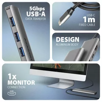 AXAGON HMC-5H, hub USB 5Gbps, 3x USB-A, HDMI 4k/30Hz, PD 100W, cablu USB-C 100cm