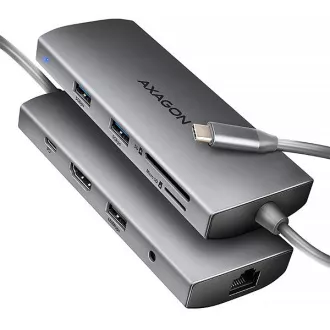 AXAGON HMC-8HLSA, hub USB 5Gbps, 3x USB-A, HDMI 4k/60Hz, RJ-45 GLAN, SD/microSD, audio, PD 100W, cablu USB-C 20cm