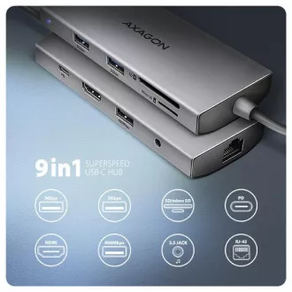 AXAGON HMC-8HLSA, hub USB 5Gbps, 3x USB-A, HDMI 4k/60Hz, RJ-45 GLAN, SD/microSD, audio, PD 100W, cablu USB-C 20cm