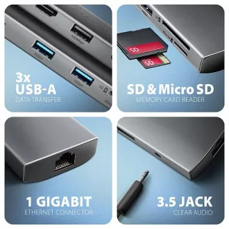 AXAGON HMC-8HLSA, hub USB 5Gbps, 3x USB-A, HDMI 4k/60Hz, RJ-45 GLAN, SD/microSD, audio, PD 100W, cablu USB-C 20cm