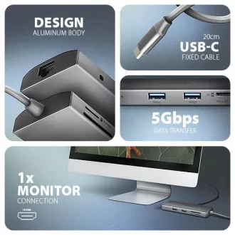 AXAGON HMC-8HLSA, hub USB 5Gbps, 3x USB-A, HDMI 4k/60Hz, RJ-45 GLAN, SD/microSD, audio, PD 100W, cablu USB-C 20cm
