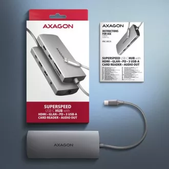 AXAGON HMC-8HLSA, hub USB 5Gbps, 3x USB-A, HDMI 4k/60Hz, RJ-45 GLAN, SD/microSD, audio, PD 100W, cablu USB-C 20cm