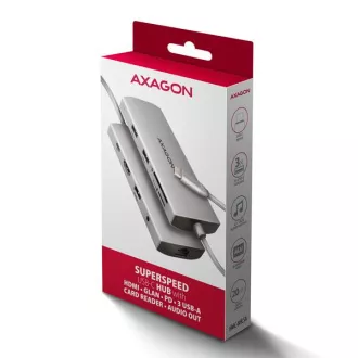 AXAGON HMC-8HLSA, hub USB 5Gbps, 3x USB-A, HDMI 4k/60Hz, RJ-45 GLAN, SD/microSD, audio, PD 100W, cablu USB-C 20cm