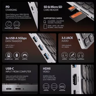 AXAGON HMC-KB-CS, hub USB 5Gbps cu tastatură CZ/SK, HDMI 4K/60Hz, 3x USB-A, SD/mSD, audio, PD 100W, cablu USB-C 60cm