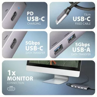 AXAGON HMC-5H60, hub USB 5Gbps, porturi 2x USB-A, 1x USB-C, HDMI 4k/60, PD 100W, cablu USB-C 15cm