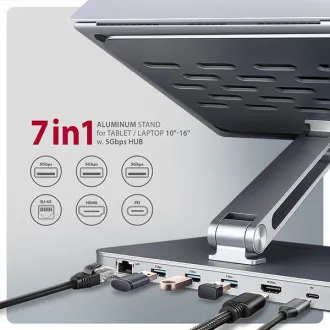 AXAGON HMC-STND, suport pentru laptopuri de 10"-17", hub USB 5Gbps, 3x USB-A, HDMI 4k/60Hz, RJ-45, PD 100W, cablu USB-C 60cm - Utilizat