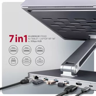 AXAGON HMC-STND, suport pentru laptopuri de 10"-17", hub USB 5Gbps, 3x USB-A, HDMI 4k/60Hz, RJ-45, PD 100W, cablu USB-C 60cm