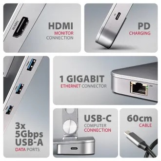 AXAGON HMC-STND, suport pentru laptopuri de 10"-17", hub USB 5Gbps, 3x USB-A, HDMI 4k/60Hz, RJ-45, PD 100W, cablu USB-C 60cm - Utilizat