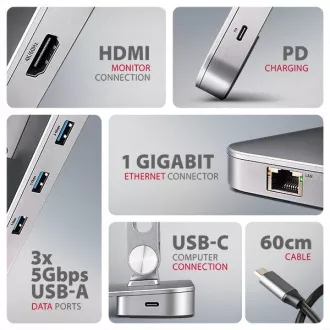 AXAGON HMC-STND, suport pentru laptopuri de 10"-17", hub USB 5Gbps, 3x USB-A, HDMI 4k/60Hz, RJ-45, PD 100W, cablu USB-C 60cm