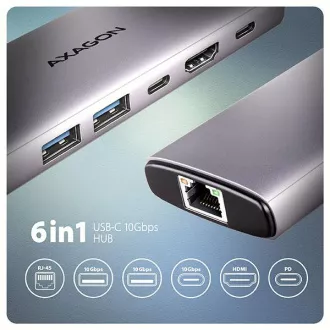 AXAGON HMC-6G2L, hub USB 10Gb/s, 2x USB-A, 1x USB-C, HDMI 4k/60, RJ-45, PD 100W, cablu USB-C 15cm