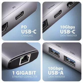 AXAGON HMC-6G2L, hub USB 10Gb/s, 2x USB-A, 1x USB-C, HDMI 4k/60, RJ-45, PD 100W, cablu USB-C 15cm