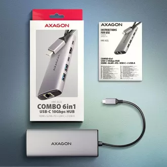 AXAGON HMC-6G2L, hub USB 10Gb/s, 2x USB-A, 1x USB-C, HDMI 4k/60, RJ-45, PD 100W, cablu USB-C 15cm