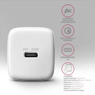 AXAGON ACU-PD30W, încărcător de rețea Sil 30W, 1x port USB-C, PD3.0/PPS/QC4+/SFC/AFC/Apple, alb