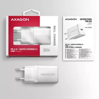 AXAGON ACU-PD30W, încărcător de rețea Sil 30W, 1x port USB-C, PD3.0/PPS/QC4+/SFC/AFC/Apple, alb