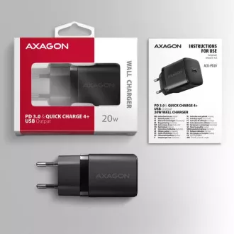 AXAGON ACU-PD20, încărcător de rețea 20W, 1x port USB-C, PD3.0/PPS/QC4+/AFC/Apple, negru