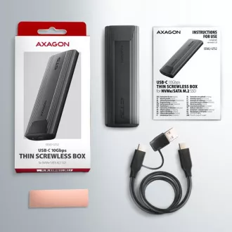 AXAGON EEM2-GTS2, USB-C 10Gbps - M.2 NVMe & SATA SSD cutie metalică subțire, fără șuruburi