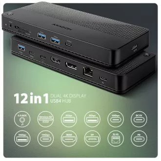 AXAGON HMC-U4, USB4 40Gbps dock, 3x USB-A, 2x USB-C, HDMI și DP 8K/30Hz, RJ-45, SD/mSD, audio, PD 100W, cablu USB-C 80cm AXAGON HMC-U4, USB4 40Gbps dock, 3x USB-A, 2x USB-C, HDMI și DP 8K/30Hz, RJ-45, SD/mSD, audio, PD 100W, cablu USB-C 80cm