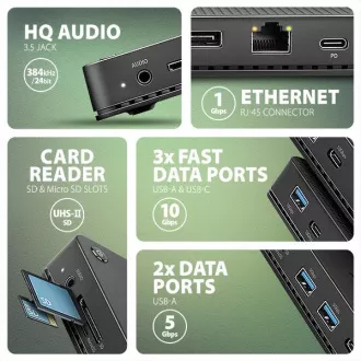 AXAGON HMC-U4, USB4 40Gbps dock, 3x USB-A, 2x USB-C, HDMI și DP 8K/30Hz, RJ-45, SD/mSD, audio, PD 100W, cablu USB-C 80cm AXAGON HMC-U4, USB4 40Gbps dock, 3x USB-A, 2x USB-C, HDMI și DP 8K/30Hz, RJ-45, SD/mSD, audio, PD 100W, cablu USB-C 80cm