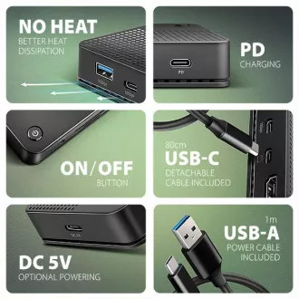 AXAGON HMC-U4, USB4 40Gbps dock, 3x USB-A, 2x USB-C, HDMI și DP 8K/30Hz, RJ-45, SD/mSD, audio, PD 100W, cablu USB-C 80cm AXAGON HMC-U4, USB4 40Gbps dock, 3x USB-A, 2x USB-C, HDMI și DP 8K/30Hz, RJ-45, SD/mSD, audio, PD 100W, cablu USB-C 80cm
