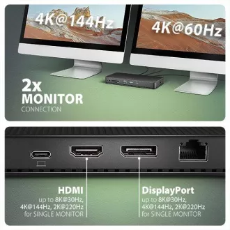 AXAGON HMC-U4, USB4 40Gbps dock, 3x USB-A, 2x USB-C, HDMI și DP 8K/30Hz, RJ-45, SD/mSD, audio, PD 100W, cablu USB-C 80cm AXAGON HMC-U4, USB4 40Gbps dock, 3x USB-A, 2x USB-C, HDMI și DP 8K/30Hz, RJ-45, SD/mSD, audio, PD 100W, cablu USB-C 80cm